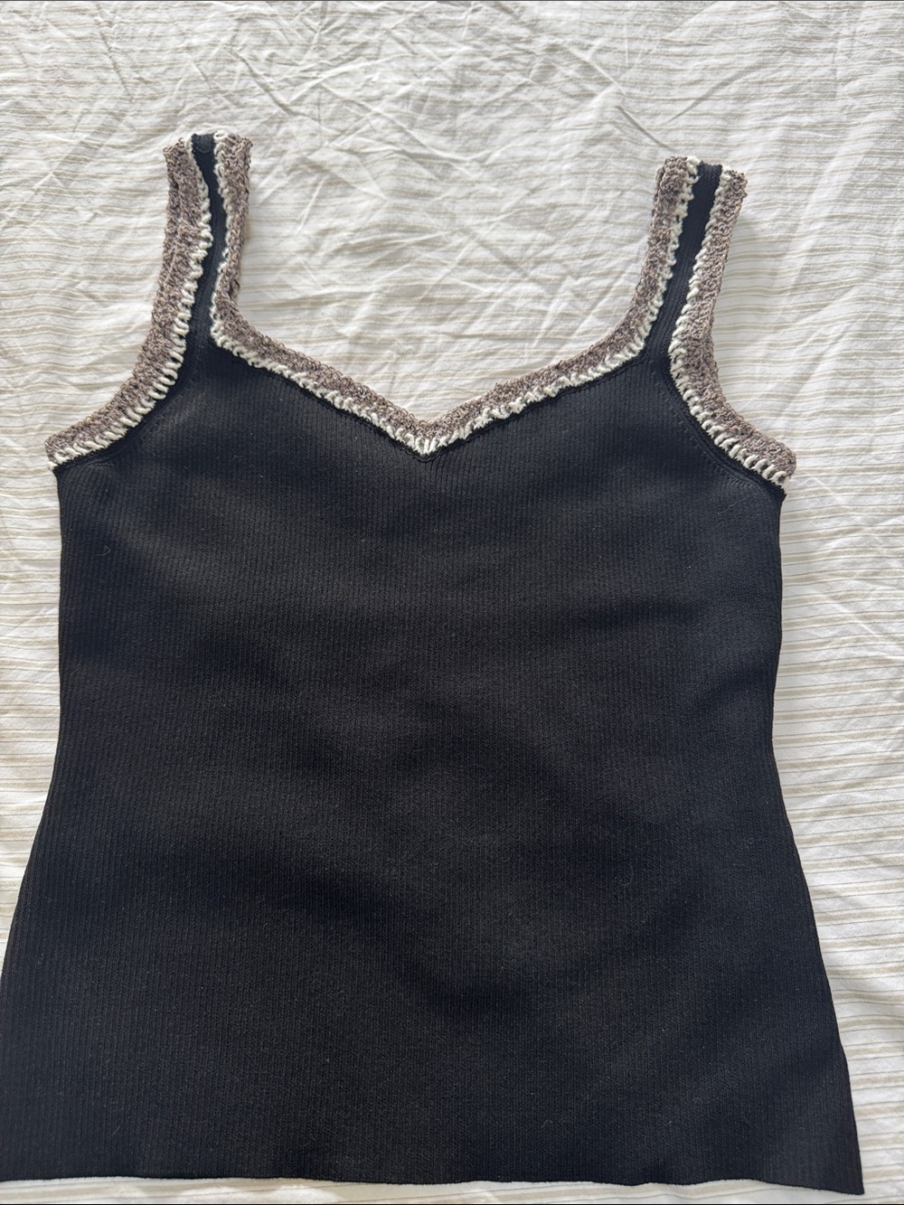 Commense Black Knit Tank Top with Taupe Trim